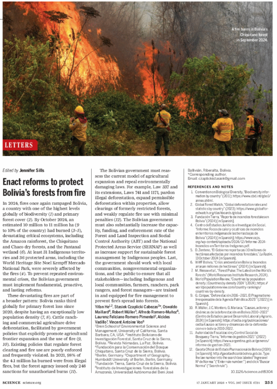 Enact reforms to protect Bolivia’s forests from fire.