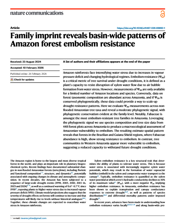 Family imprint reveals basin-wide patterns of Amazon forest embolism resistance