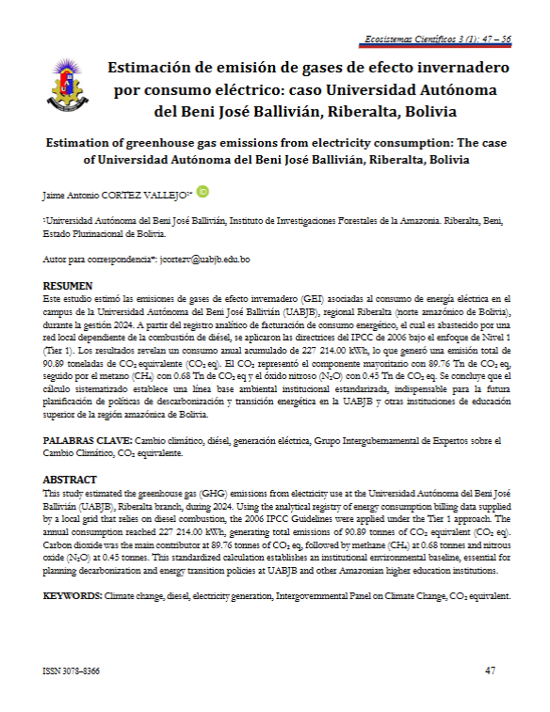 Estimación de emisión de gases de efecto invernadero por consumo eléctrico: caso UABJB Riberalta