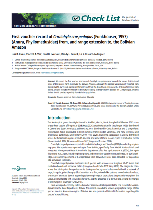 First voucher recor of Cruziohyla craspedopus from, and range extension to, the Bolivian Amazon. 