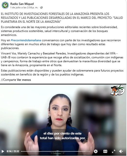 El IIFA presenta los resultados y las publicaciones desarrolladas en el marco del proyecto: «Salud Planetaria en el norte de la Amazonía»