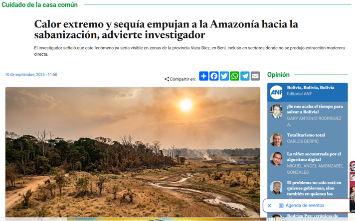 ANF recoge alerta del IIFA sobre el riesgo de sabanización de la Amazonía